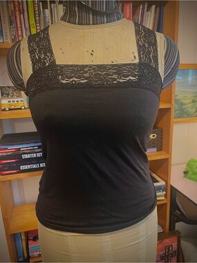 Black Lace-Trim Square Neck Tank Top - Women